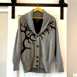 Laurel light gray cardigan sweater with charcoal & gold details. Size 40.